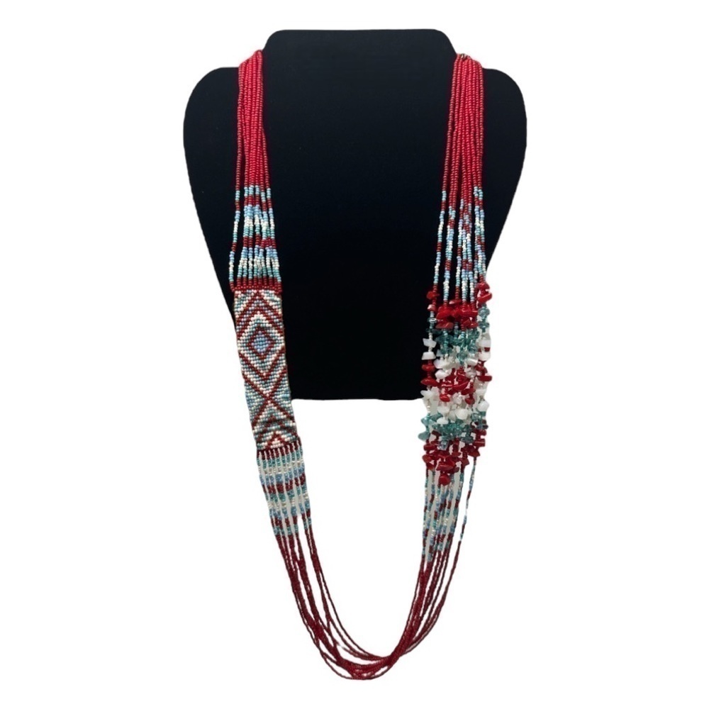 Boutique Long Beaded Gemstone Aztec Southwest Red White & Blue Necklace